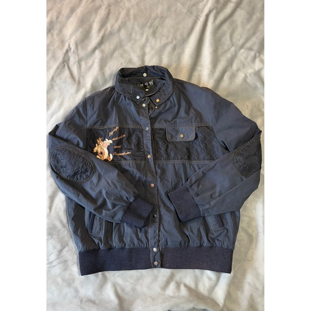 Vintage Korean Brand Navy Blue Quilted Bomber Jacket with Character Embroidery